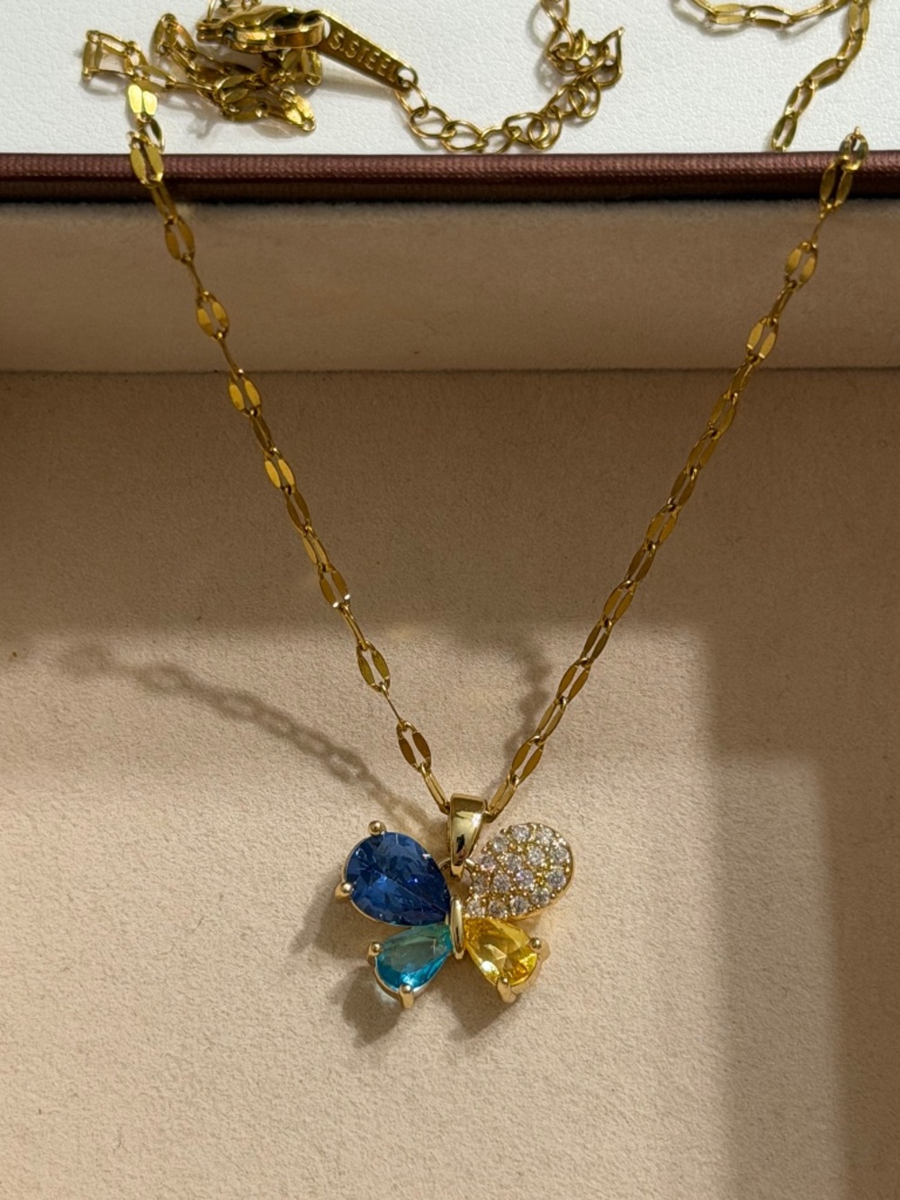 Golden Multicolor Zirconia Butterfly Pendant Stainless Steel Stamped Necklace
